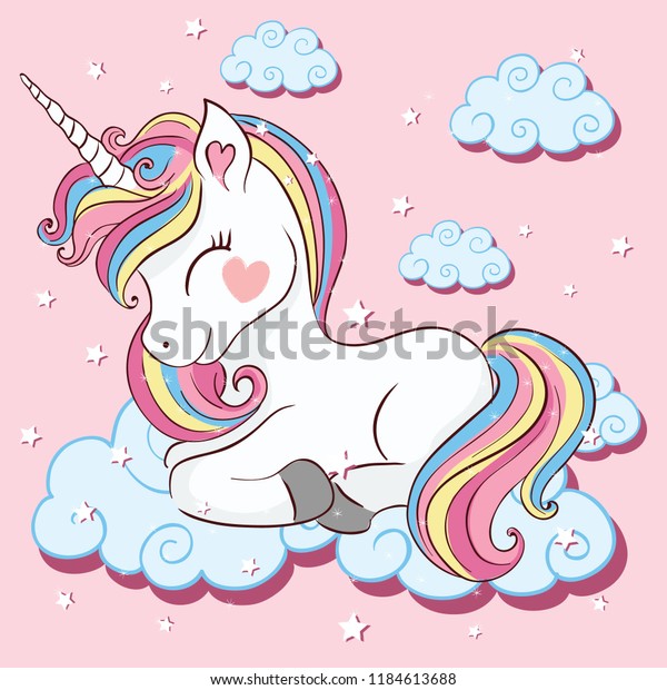 \
Beautiful unicorn on clouds with stars\
illustration,\
vector.