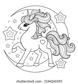 A beautiful unicorn on the moon with stars. Black and white linear image.For children's design of coloring books, prints, posters, stickers, postcards, tattoos. Vector