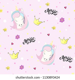 Beautiful unicorn on pink background seamless pattern with flowers, crowns and inscription Magic. Great for greeting, card, party, baby birthday, banner, invitation template.