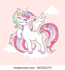 Beautiful unicorn on a pink background. Birthday card. Vector cartoon illustration