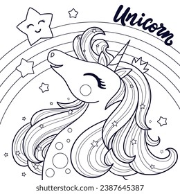 Beautiful unicorn on a rainbow background. Black and white linear drawing. Unicorn inscription. For children's design of coloring books, prints, posters, cards, stickers, puzzles, etc. Vector illustra