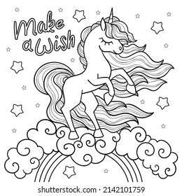 Beautiful unicorn on the rainbow. Black and white linear drawing. For the design of children's coloring books, prints. posters, stickers, postcards, tattoos, etc. Vector