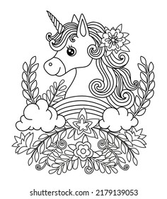 Beautiful unicorn with petals and flowers. Vector outline for coloring page