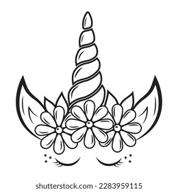 Beautiful unicorn with petals and flowers. Vector outline for coloring book