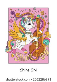 A beautiful unicorn playing violin. Vector color cartoon illustration on white background. Linear drawing. For design, prints, posters, stickers, puzzle