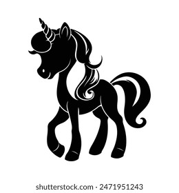 Beautiful Unicorn pony vector silhouette with outline thick view isolated white background