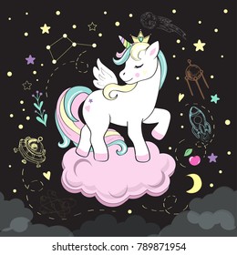 beautiful unicorn pop art and elements of space on a black background