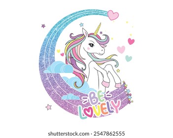 Beautiful unicorn posing on clouds, surrounded by many by many colors. Design for printing on shirt, poster, banner. White text on pink background. Lovely print for t-shirt, Christmas.