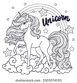 Beautiful unicorn with rainbow. Black and white line drawing. Cute mythical character. For children's design of coloring books, prints, posters, cards, stickers, puzzles, etc. Vector