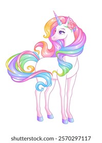 Beautiful unicorn with rainbow mane. Cartoon vector illustration isolated on white background.