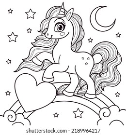 A beautiful unicorn with a rainbow seat. Black and white line drawing. Hand drawn. For children's design of coloring books, prints, posters, puzzle stickers, postcards. Vector