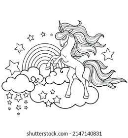 A beautiful unicorn with a rainbow, stars and clouds. Black and white linear outline. For children's design of coloring books, stickers, cards, tattoos, banners and so on. Vector