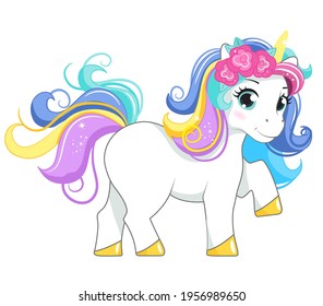 Beautiful unicorn with roses wreath.. Vector illustration. Isolated on white background