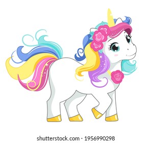 Beautiful unicorn with roses wreath.. Vector illustration. Isolated on white background