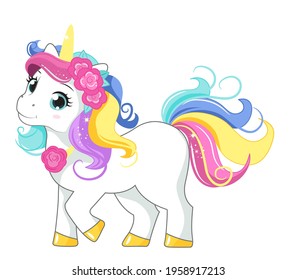 Beautiful unicorn with roses wreath.. Vector illustration. Isolated on white background