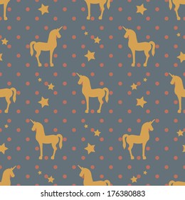 Beautiful unicorn silhoutte with stars on cute dots background seamless pattern