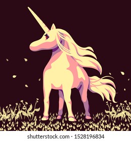 Beautiful unicorn standing in flower field, cartoon vector