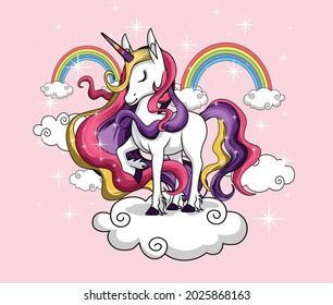 a beautiful unicorn standing on a cloud with colorful feathers on a beautiful rainbow background, perfect for placing on t-shirts, books, wall decorations, your girl's gifts, art prints, or your logo 