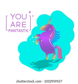 Beautiful unicorn standing on its hind legs. Cute vector illustration in bright colors.