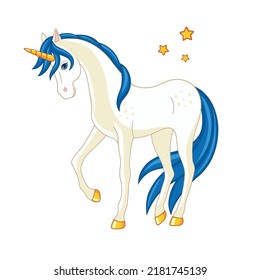 A beautiful unicorn with stars and a blue mane and tail. Isolated object.