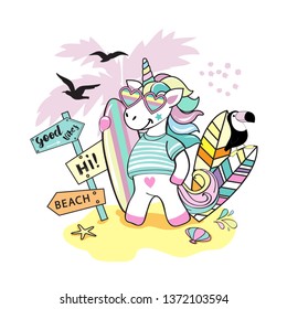 Beautiful Unicorn with Surfboard and toucan