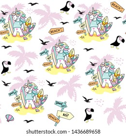 Beautiful Unicorn with Surfboard and toucan on a white background seamless pattern