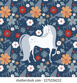 Beautiful unicorn surrounded by flowers. Greeting card. Magical unicorn vector poster.
