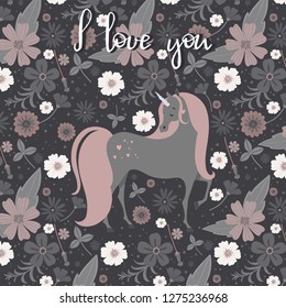 Beautiful unicorn surrounded by flowers. Valentines day greeting card. Magical unicorn vector poster.