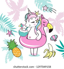 A beautiful unicorn with a swimming ring of flamingos and palm leaves