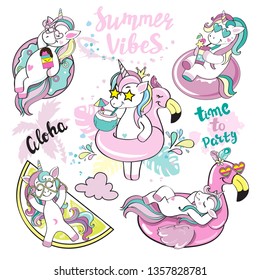 A beautiful unicorn with a swimming ring of flamingos, summer unicorn collection