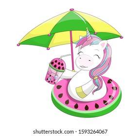 A beautiful unicorn with a swimming ring from watermelon. Sweet character drinks a cold watermelon cocktail under a bright sun umbrella. Vector is isolated on a white . Stock vector illustration