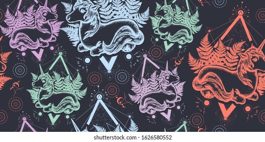 Beautiful unicorn in triangle. Seamless pattern. Packing old paper, scrapbooking style. Vintage background. Medieval manuscript, engraving art. Symbol of fantasy, dreams, souls 
