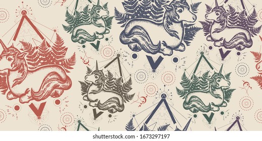 Beautiful unicorn in triangle. Seamless pattern. Packing old paper, scrapbooking style. Vintage background. Medieval manuscript, engraving art. Symbol of fantasy, dreams, souls