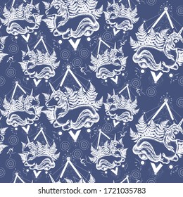 Schönes Einhorn im Dreieck.Nahtloses Muster. Verpacken von Altpapier, Scrapbooking-Stil. Vintage-Hintergrund. Mittelalterliches Manuskript, Gravierungskunst. Symbol der Fantasie, der Träume, der Seelen