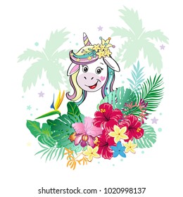 Beautiful unicorn and tropical leaves