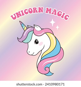 Beautiful unicorn vector head with rainbow hair, stars, mane and inscription unicorn magic on pastel rainbow background. Design for t-shirt, notebook, cup, greeting card and etc.