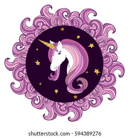 Beautiful unicorn vector illustration with circle waved frame. 