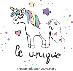 beautiful unicorn, vector, lettering be unique, childrens theme