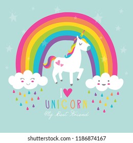 Beautiful unicorn vector.Cute clouds and rainbow illustration.Print for t-shirt or sticker. Romantic hand drawing illustration for children.Baby shower card.