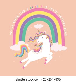 Schöne Einhorn-Vektorgrafik.Cute Wolken und Regenbogengrafik.Print für T-Shirt oder Aufkleber.Illustration für Kindergartendesign, Poster, Gruß, Geburtstagskarte, Babydusche und Party.Animal Muster Druck.