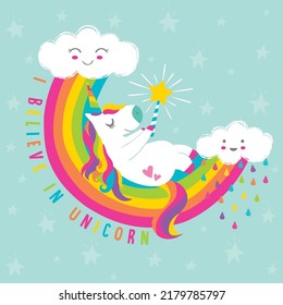 Hermoso vector unicornio.Nubes cortas e ilustración de arco iris.Imprimir para camiseta o pegatina. Dibujo romántico a mano para niños. Tarjeta de ducha para bebés.