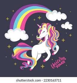 Beautiful unicorn vector.Cute clouds and rainbow illustration.Print for t-shirt or sticker. Romantic hand drawing illustration for children.Baby shower card.