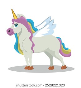 beautiful unicorn with wings and colorful mane in flat vector style, illustration isolated on a white background.