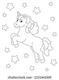 Beautiful unicorn with wings. Coloring book page for kids. Cartoon style character. Vector illustration isolated on white background.