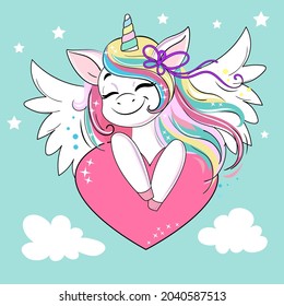 Beautiful unicorn with wings and heart. Birthday card. Vector cartoon illustration. Cute cartoon funny animals holding poster