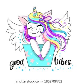 Beautiful unicorn with wings and the inscription Good vibes. Birthday card. Vector cartoon illustration