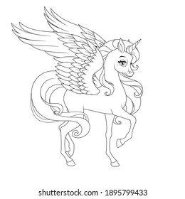 Hermoso unicornio con alas. Ilustración vectorial en blanco y negro para la página de coloreado.