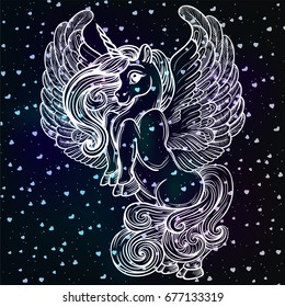 Beautiful Unicorn with wings vector drawing. Fantastic animal flying, isolated. Magic horse that realizes dreams. Hipster boho t-shirt print, tattoo design, perfect handcrafted line art.