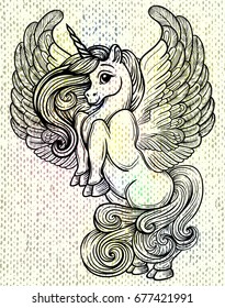 Beautiful Unicorn with wings vector drawing. Fantastic animal flying, isolated. Magic horse that realizes dreams. Hipster boho t-shirt print, tattoo design, perfect handcrafted line art.