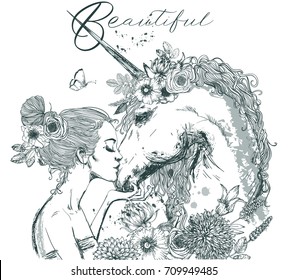 beautiful unicorn with young woman and flowers